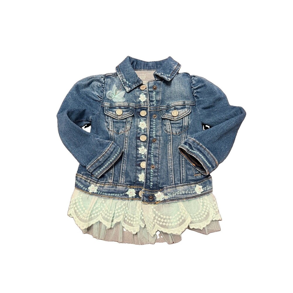 Upcycled Custom Designed Toddler Denim Jacket- 3T - Blue Flowers, Beads, Tulle